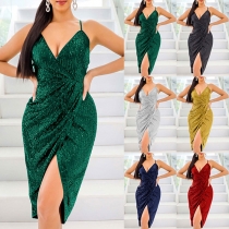 Sexy Backless V-neck Irregular Hem Slim Fit Sling Sequin Party Dress