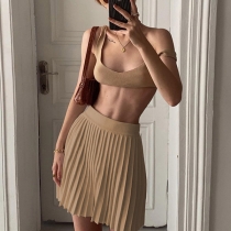 Sexy Backless Solid Color Bra + High Waist Pleated Skirt Two-piece Set