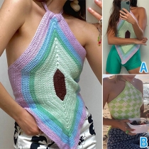 Sexy Backless Irregular Hem Contrast Color Halter Knit Top