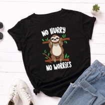 Cute Style Bradypod Printed Short Sleeve Round Neck Casual T-shirt