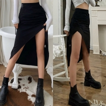 Chic Style High Waist Solid Color Irregular Hem Skirt