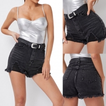 Retro Style High Waist Slim Fit Ripped Denim Shorts