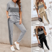 Casual Style Short Sleeve Round Neck Plaid Spliced Top + Pants Two-piece Set