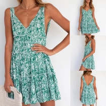 Sexy Backless V-neck Sleeveless High Waist Printed Dress