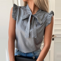 Sweet Style Ruffle Cuff Lace-up Bow-knot Collar Dots Printed Top Blouse