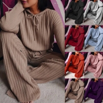 Simple Style Long Sleeve Hooded Solid Color Top + Pants Knit Two-piece Set