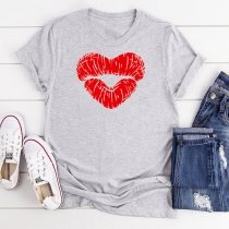 Casual Style Short Sleeve Round Neck Red-lip Pattern T-shirt