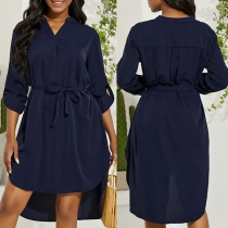 OL Style Long Sleeve Stand Collar High-low Hem Solid Color Shirt Dress