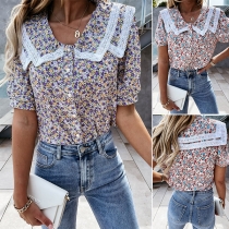 Sweet Style Puff Sleeve Lace Spliced Dol Collar Printed Blouse