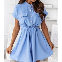 OL Style Short Sleeve Stand Collar Drawstring Waist Solid Color Shirt Dress