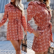 OL Style Long Sleeve PLO Collar Lace-up Printed Shirt Dress
