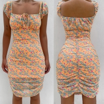 Sexy Puff Sleeve Square Collar Slim Fit Printed Dress