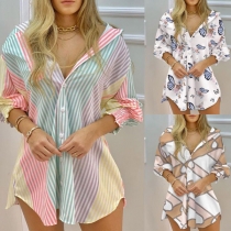 Casual Style Long Sleeve V-neck Single-breasted Loose Printed Shirt