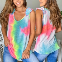 Casual Style Sleeveless V-neck Tie-dye Printed Loose Tank Top