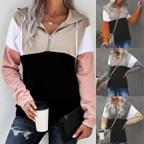 Casual Style Long Sleeve Hooded Front-zipper Contrast Color Sweatshirt