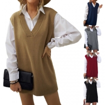 Fashion Solid Color Sleeveless V-neck Knit Vest