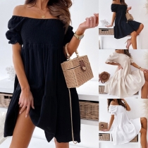 Sexy Off-shoulder Boat Neck Short Sleeve High Waist Solid Color Dress
