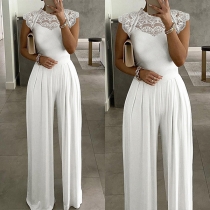 Sexy Lace Spliced Sleeveless Round Neck High Waist Solid Color Jumpsuit