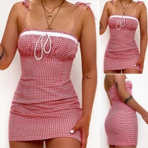 Sexy Backless High Waist Plaid Printed Slim Fit Sling Dress