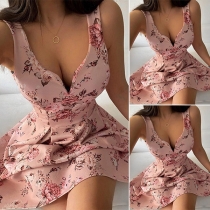 Sexy Deep V-neck Sleeveless HIgh Waist Printed Dress