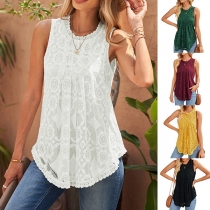 Fashion Solid Color Sleeveless Round Neck Lace Top