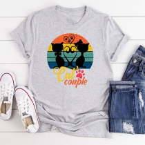 Cute Rainbow Cat Pattern Short Sleeve Round Neck Loose T-shirt