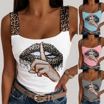 Sexy Backless Leopard Printed Lip Pattern Sling Top T-shirt