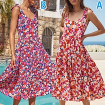 Sexy Backless Round Neck Knotted Sleeveless Printed Summer Dress