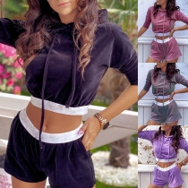 Sexy Contrast Color Half Sleeve Hooded Crop Top + Shorts Two-piece Set