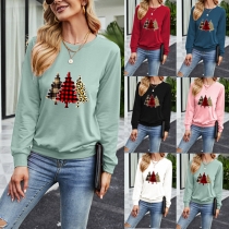 Casual Style Colorful Christmas Tree Printed Long Sleeve Round Neck T-shirt