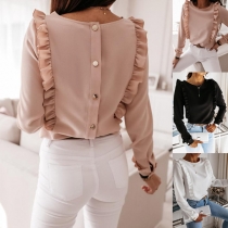 Fashion Solid Color Long Sleeve Round Neck Back-button Ruffle Top
