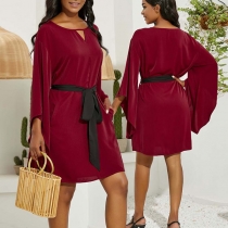 Fashion Solid Color Trumpet Sleeve Round Neck Dress with Waist Strap