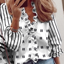 OL Style Long Sleeve Ruffle Hem Printed Blouse Shirt