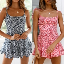Sweet Style Backless High Waist Sling Printed Romper
