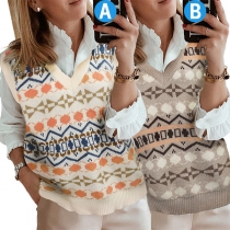 Casual Style Sleeveless V-neck Contrast Color Printed Knit Vest