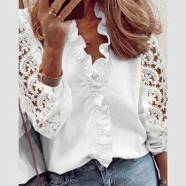 Sweet Style Hollow Out Lace Spliced Long Sleeve V-neck Ruffle Shirt