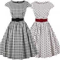 Retro Style Cap Sleeve Round Neck High Waist Dots/Plaid Printed Dress