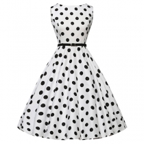 Retro Style Cap Sleeve Round Neck High Waist Dots/Plaid Printed Dress