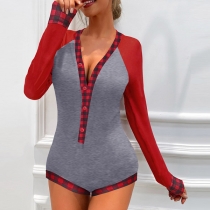Fashion Contrast Color Long Sleeve V-neck Plaid Spliced Romper
