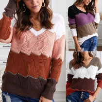 Fashion Contrast Color Long Sleeve V-neck Knit Pullover Sweater