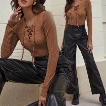 Fashion Solid Color Lace-up V-neck Long Sleeve Knit Top