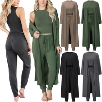 Casual Style Solid Color Round Neck Tank Top + Pants + Long Sleeve Cardigan Three-piece Set