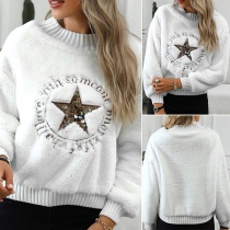 Fashion Sequin Star Long Sleeve Round Neck Pullover Sweater