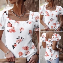 Sexy Lace-up Backless Puff Sleeve Square Collar Printed Top