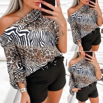 Sexy Oblique Shoulder Long Sleeve Leopard Printed Top