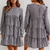 Fashion Long Sleeve Round Neck Loose Plaid Dress