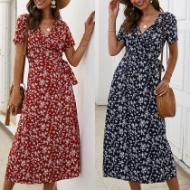 Retro Style Short Sleeve V-neck Lace-up High Waist Printed Calf-legth Dress