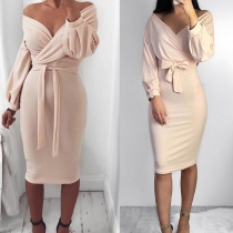 Sexy Off-shoulder V-neck Lantern Sleeve Lace-up Slim Fit Party Dress