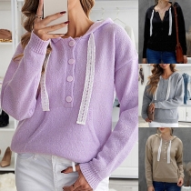 Fashion Solid Color Long Sleeve Front-button Lace Drawstring Hooded Knit Top