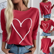 Casual Style Long Sleeve Round Neck Heart Printed T-shirt